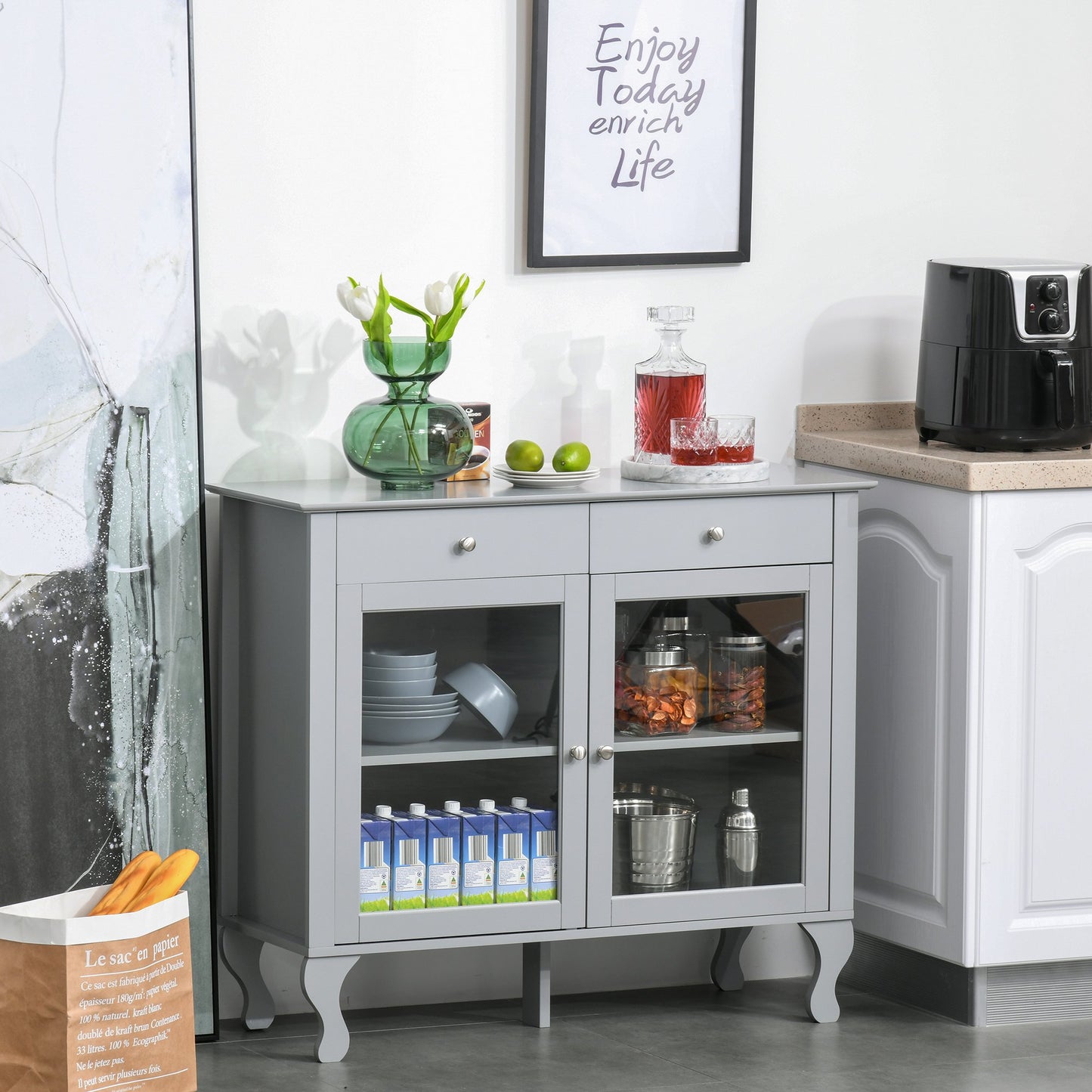 HOMCOM Retro Style Kitchen Sideboard Serving Buffet Storage Cabinet Cupboard with Glass Doors and Drawers, Adjustable Shelves | Aosom Canada