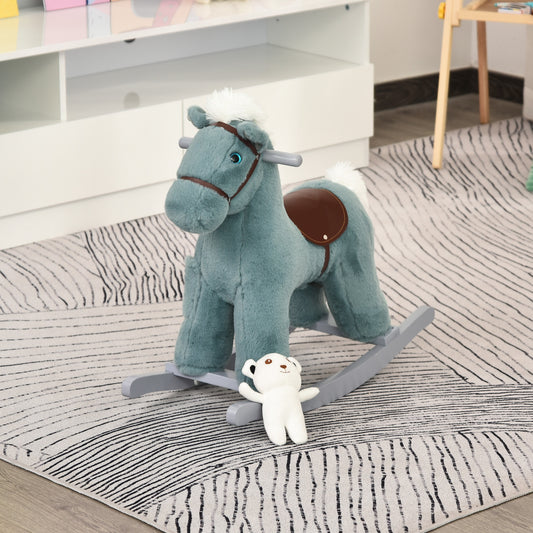 Qaba Kids Plush Ride-On Rocking Horse Toy Dinosaur Ride on Rocker w/ Plush Toy Realistic Sounds for Child 18-36 Months Blue | Aosom Canada