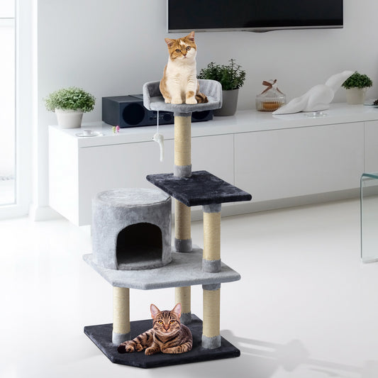 PawHut 39" Cat Scratching Tree Kitten Condo Playhouse Kitty Activity Center Rest Post Top Perch with Hanging Toy Grey | Aosom Canada