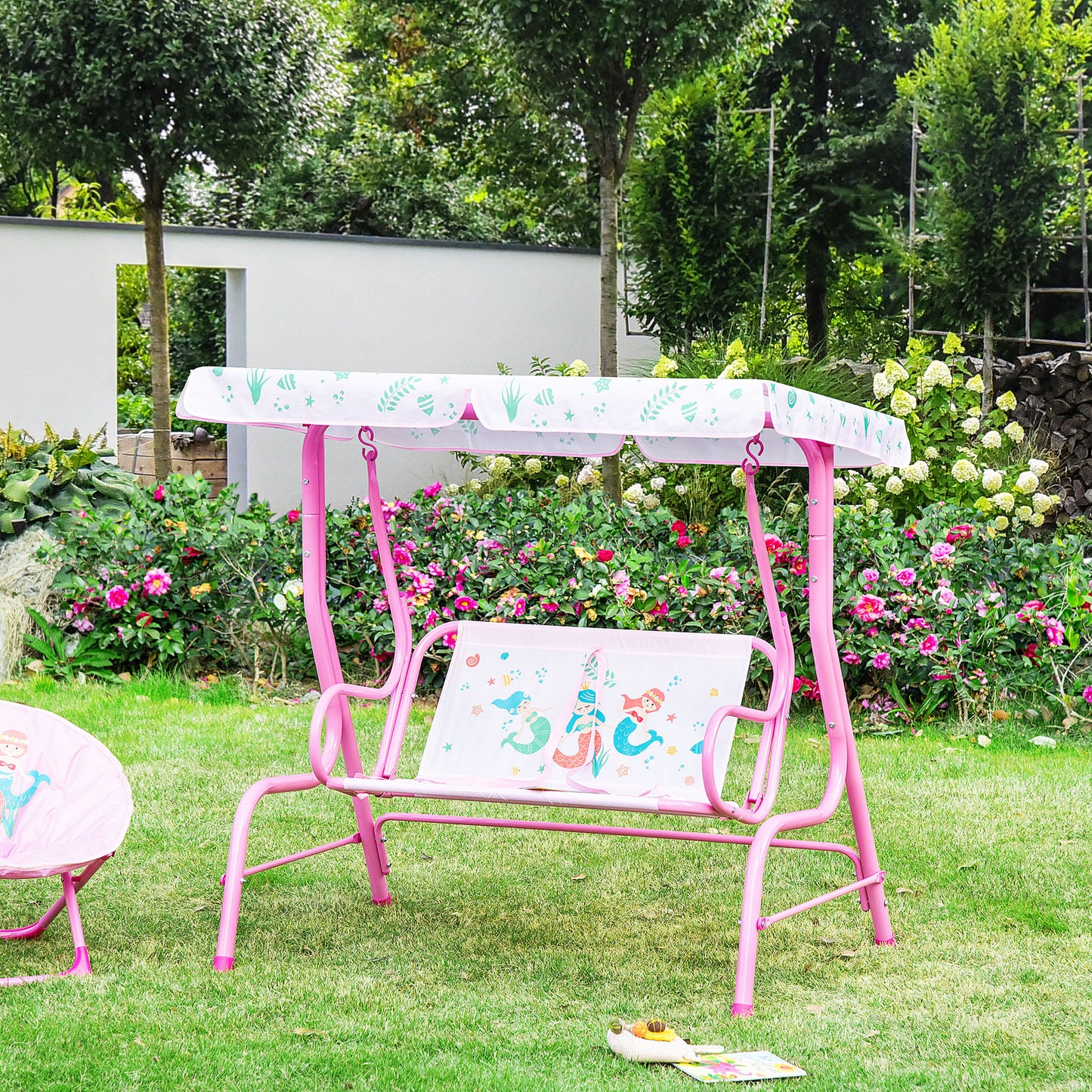 Outsunny 2-Seat Kids Canopy Swing, Children Outdoor Patio Lounge Chair with Adjustable Awning, Seat Belt, Mermaid Pattern, Pink | Aosom Canada