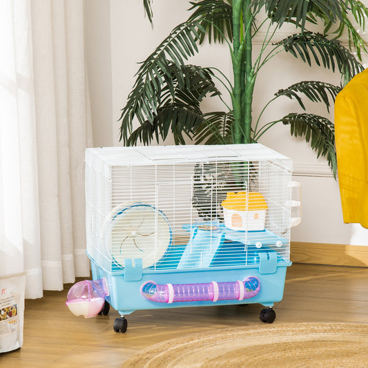 PawHut Hamster Cage, Gerbil Haven, Multi-storey Rodent House, Small Animal Habitats, Large Hide-out, Light Blue | Aosom Canada