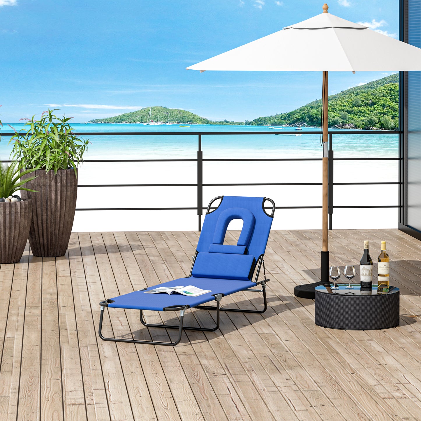 Outsunny Adjustable Garden Sun Lounger w/ Reading Hole Outdoor Reclining Seat Folding Camping Beach Lounging Bed Blue | Aosom Canada