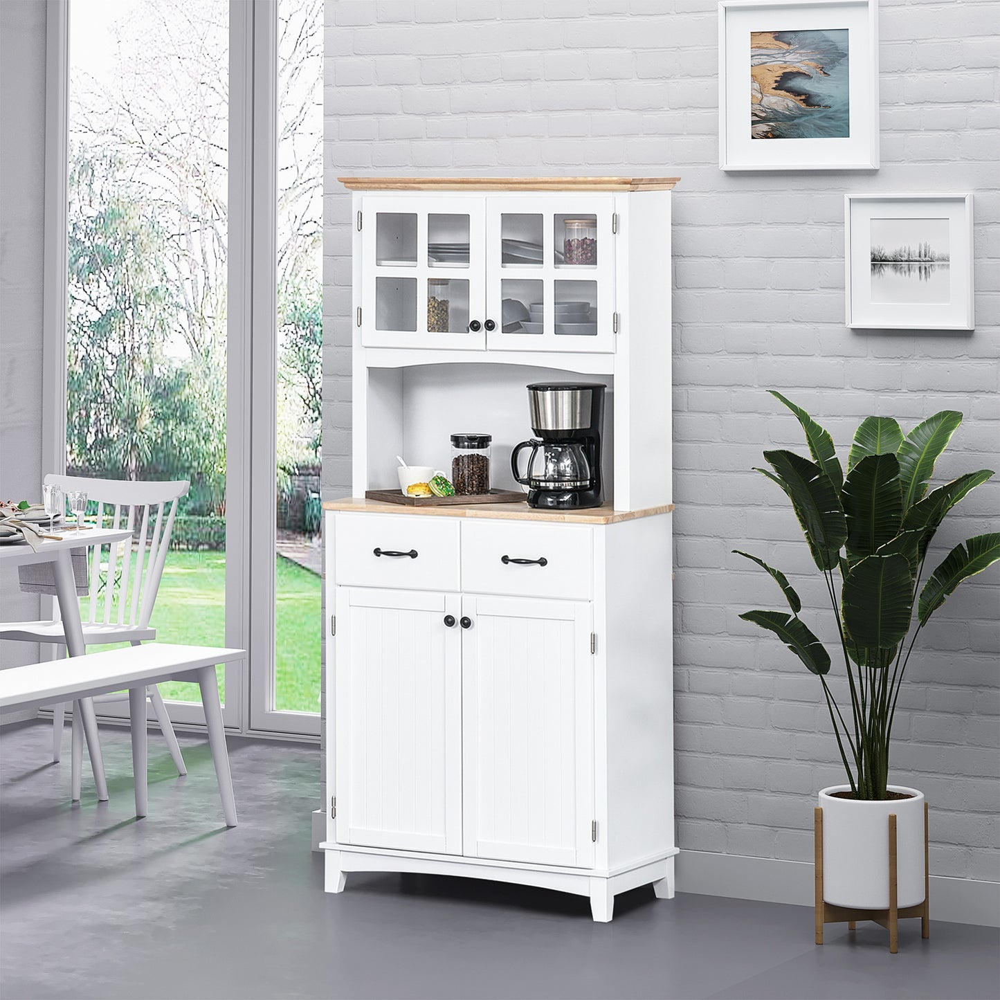 HOMCOM 68" Kitchen Pantry Storage Cabinet, Traditional Cupboard with Framed Glass Door, Freestanding Kitchen Buffet, White | Aosom Canada