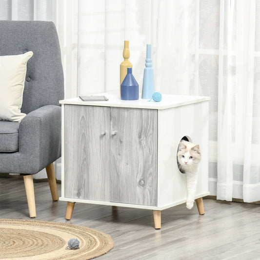 PawHut Wooden Cat Washroom Pet Litter Box Decorative Kitten House Nightstand End Table Indoor with Magnetic Door Slide-out Board White | Aosom Canada