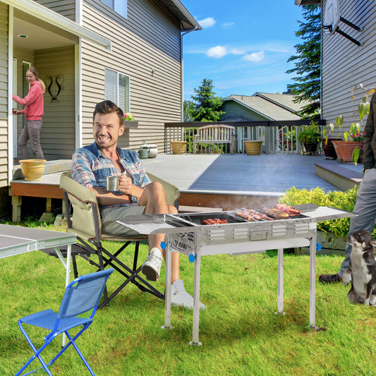 Outsunny Portable Charcoal Grill BBQ Height Adjustable Garden Barbecue w/ Folding Side Shelves, Grill Net & Pan Stainless Steel | Aosom Canada
