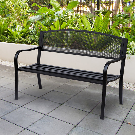 Outsunny 50"L Steel Garden Bench Outdoor Patio 2-Person Park Seat Yard Furniture Loveseat Black | Aosom Canada