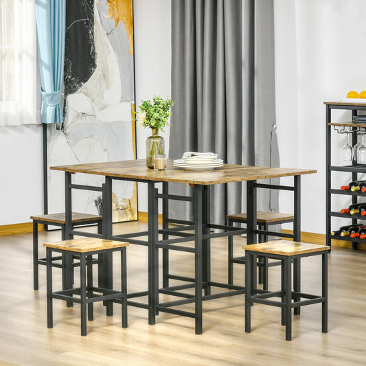 HOMCOM Industrial 5-Piece Dining Table Set, Drop-Leaf Rectangular Kitchen Table with 4 Chairs for Dining Room, Rustic Brown | Aosom Canada