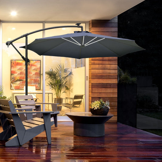 Outsunny 10ft Cantilever Solar Hanging Offset Umbrella LED Lights Crank w/ Cross Base Blue | Aosom Canada