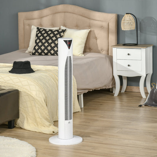 HOMCOM Freestanding Tower Fan Cooling for Home Bedroom with 3 Speed, 12h Timer, Oscillating, LED Sensor Panel, Remote Controller, White | Aosom Canada