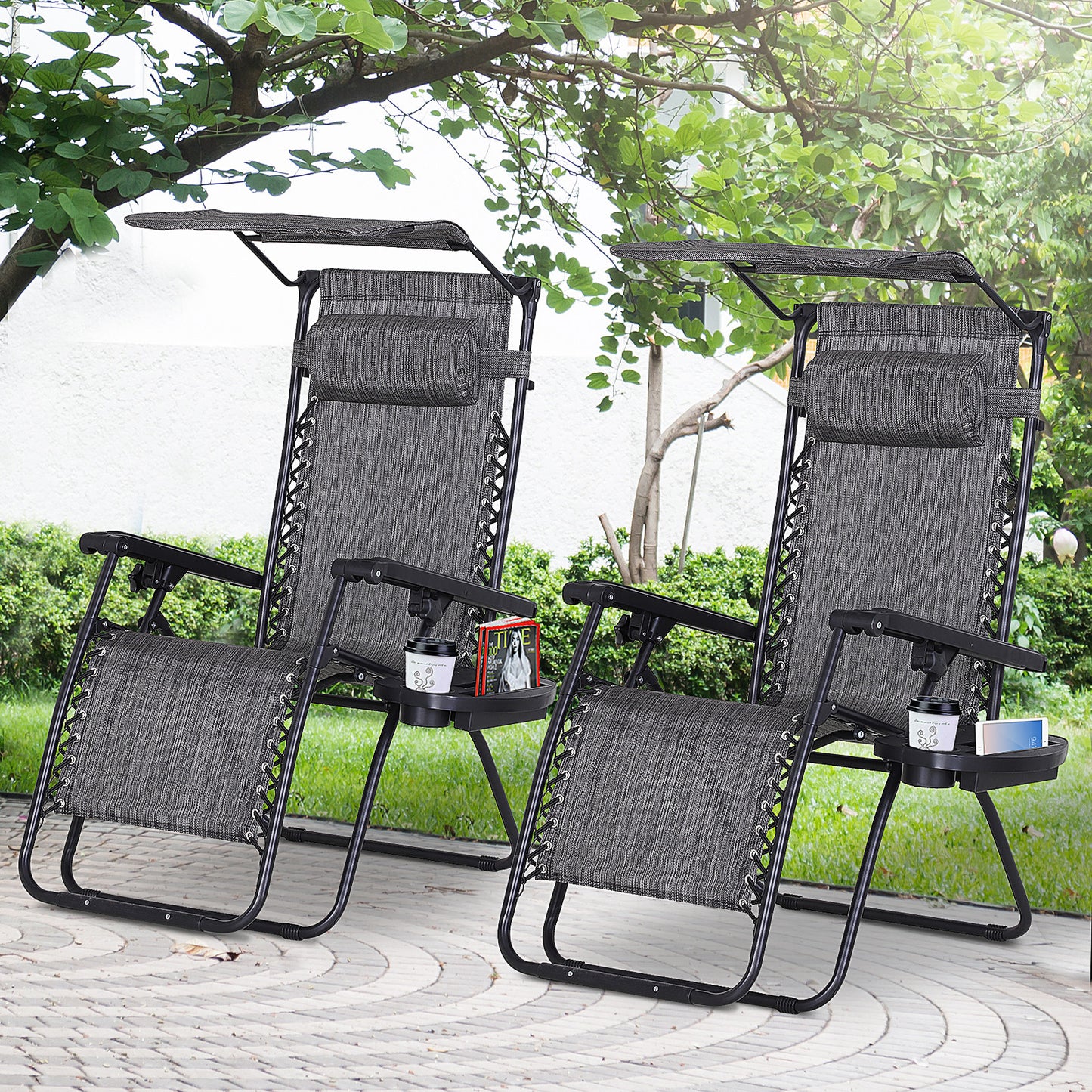 Outsunny 2 piece Zero Gravity Chair Adjustable Patio Lounge Chair Reclining Seat W/ Cup Holder & Canopy Shade Dark Grey | Aosom Canada