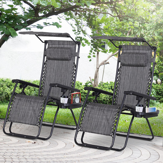 Outsunny 2 piece Zero Gravity Chair Adjustable Patio Lounge Chair Reclining Seat W/ Cup Holder & Canopy Shade Dark Grey | Aosom Canada