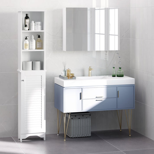 HOMCOM Tall Bathroom Storage Cabinet, Freestanding Linen Tower with 3-Tier Open Adjustable Shelf and Cupboard, White | Aosom Canada