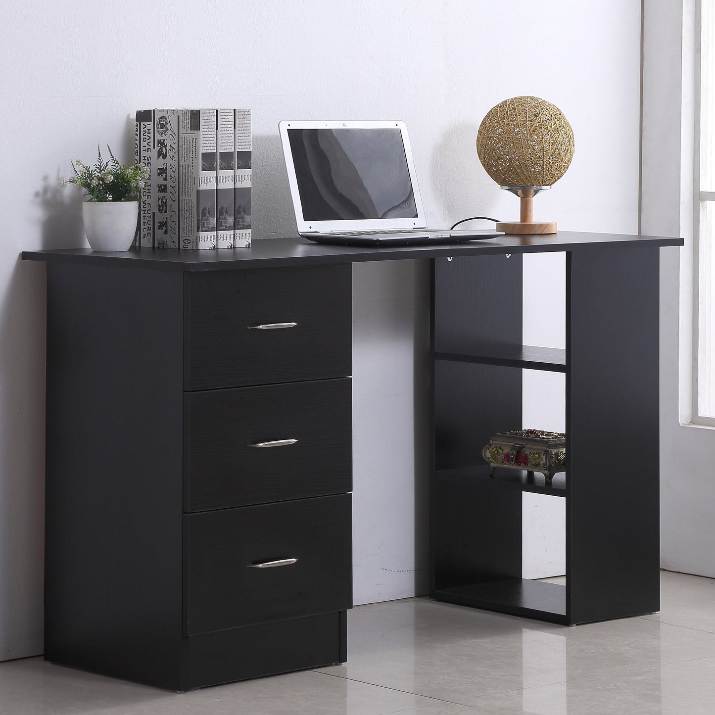 HOMCOM Computer Desk with Cabinet Study Table Student Workstation w/ 3 Shelf & 3 Storage Drawers Black | Aosom Canada
