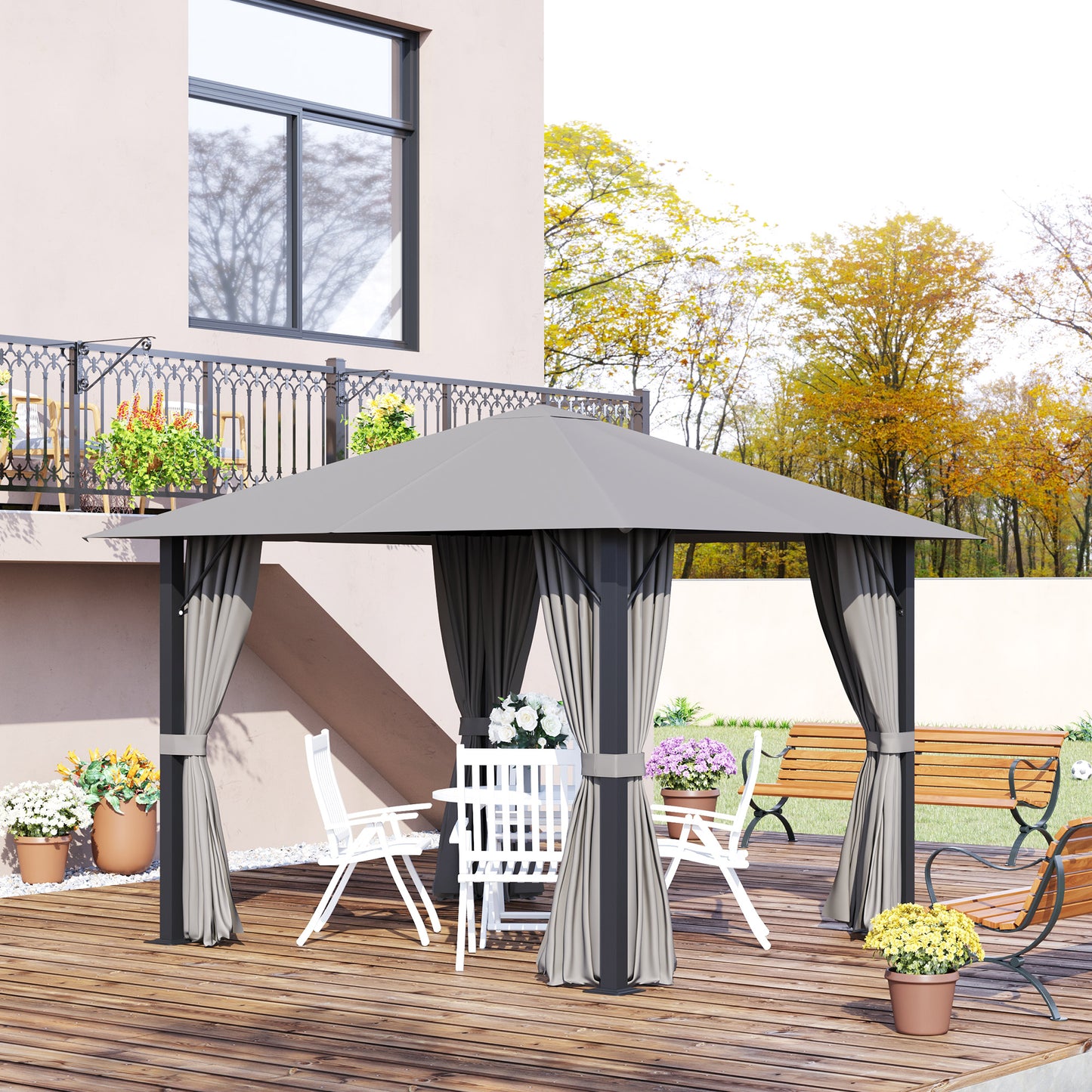 Outsunny 10' x 10' Patio Gazebo Outdoor Canopy Shelter with Sidewalls, Vented Roof, Aluminum Frame, Grey | Aosom Canada