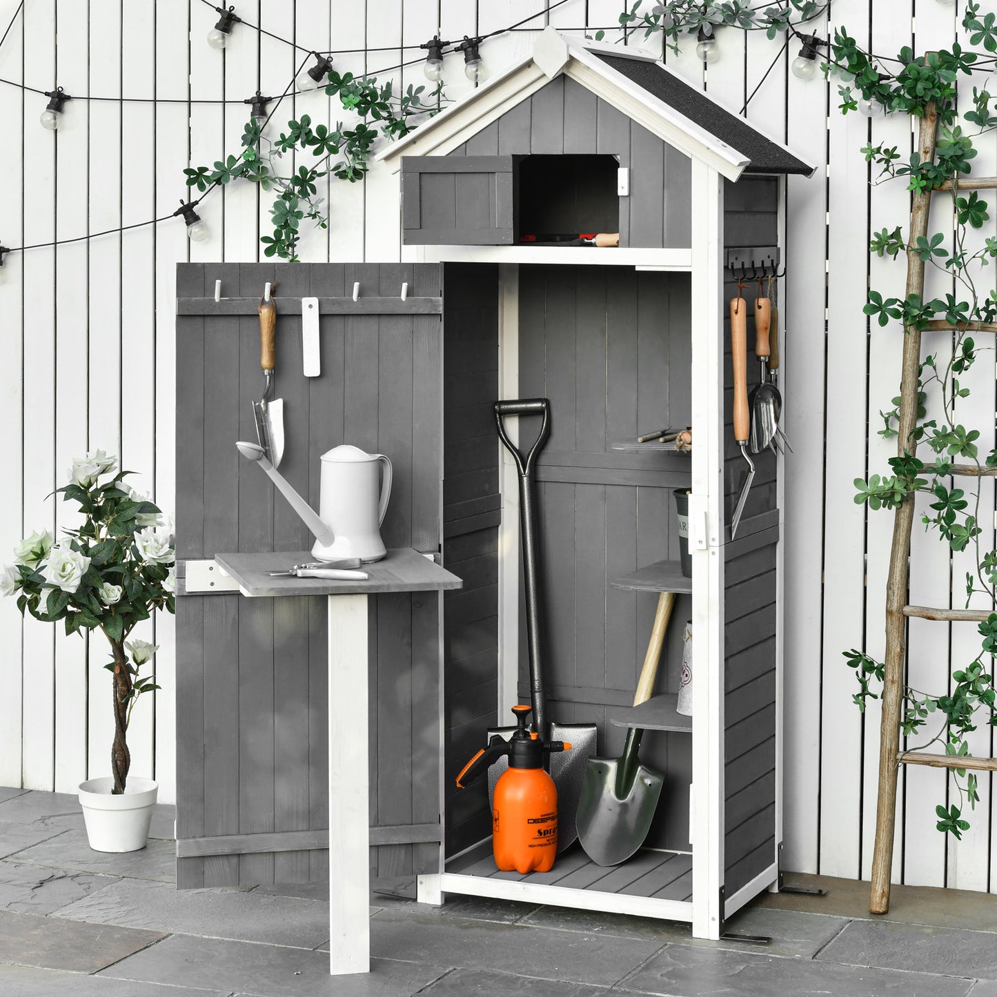 Outsunny 30.75''x 20.75''x71.75'' Garden Wood Storage Shed with Workstation, Hooks and Ground Nails Multifunction  Lockable Sheds & Outdoor Storage Asphalt Roof Tool Organizer, Grey | Aosom Canada