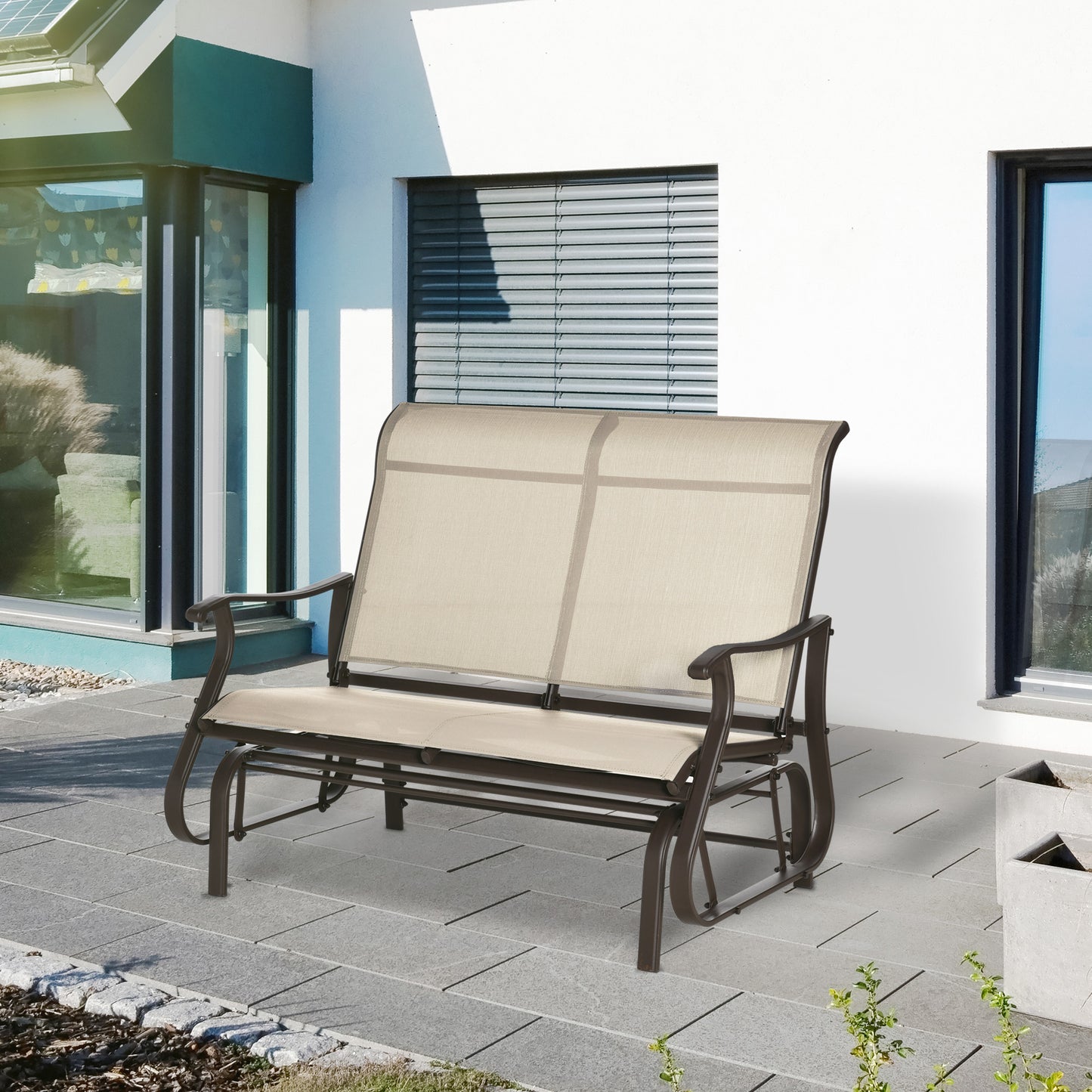 Outsunny Garden Double Gliding Chair, Patio Glider Armchair for Outdoor, Backyard Mesh Seat and Backrest, Steel Frame, Khaki | Aosom Canada