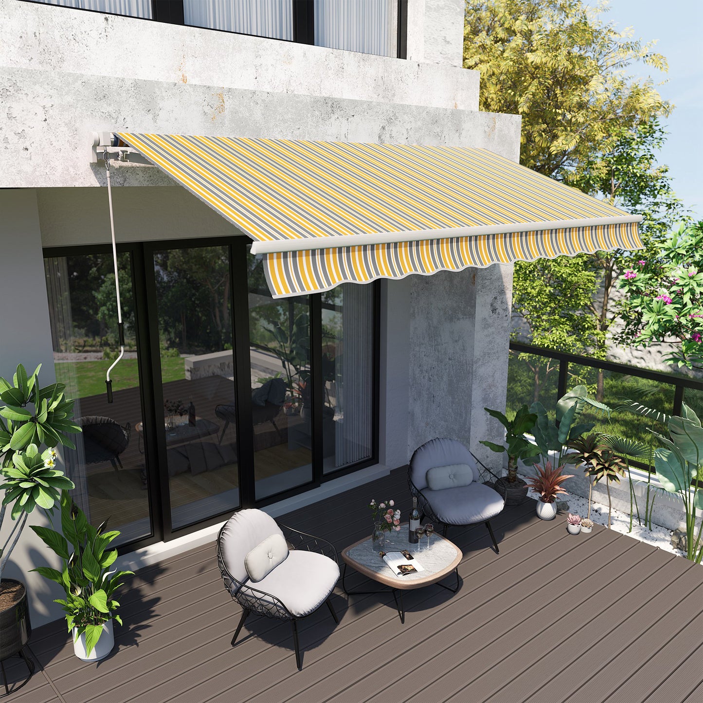 Outsunny 12' x 10' Manual Retractable Awning Adjustable & Versatile Sunshade Shelter for Patio, Balcony, Yard, Yellow and Grey | Aosom Canada
