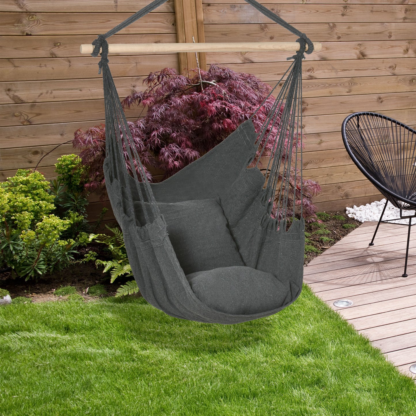 Outsunny Hammock Chair Hanging Rope Swing w/ Two Soft Seat Cushions for Bedroom Indoor Outdoor Dark Grey | Aosom Canada