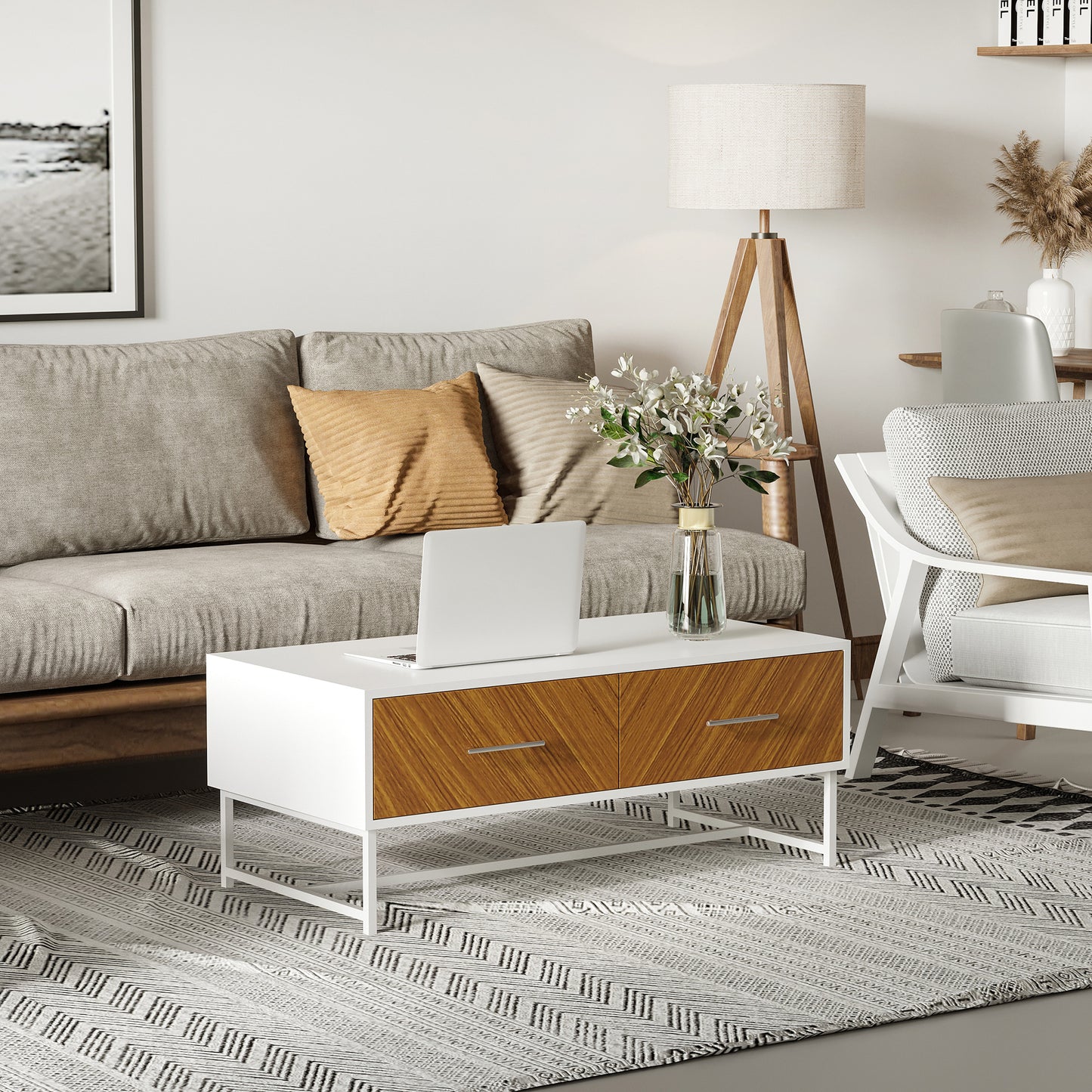 HOMCOM Modern Coffee Table, Rectangular Cocktail Table with Drawers and Open Storage Compartment, Steel Legs for Living Room | Aosom Canada