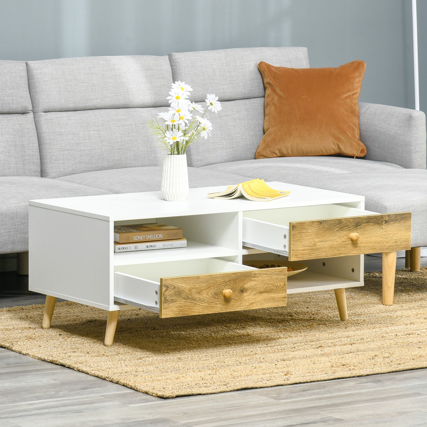 HOMCOM Coffee Table Rectangular End Table Side Table with 2 Drawers and 2 Shelves for Living Room, Bedroom, Office, White and Brown | Aosom Canada