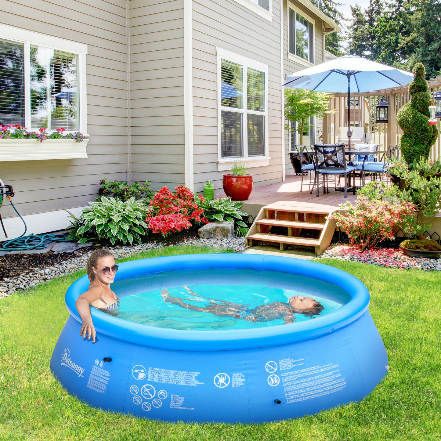 Outsunny Inflatable Swimming Pool Family-Sized Blow Up Pool Round Paddling Pool with Hand Pump for Outdoor, 107" x 30", Blue | Aosom Canada