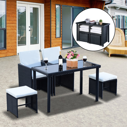 Outsunny 5pc Rattan Wicker Dining Set Outdoor Sofa Table Ottoman Set Space Saving Patio Furniture w/ Cushion, Black | Aosom Canada