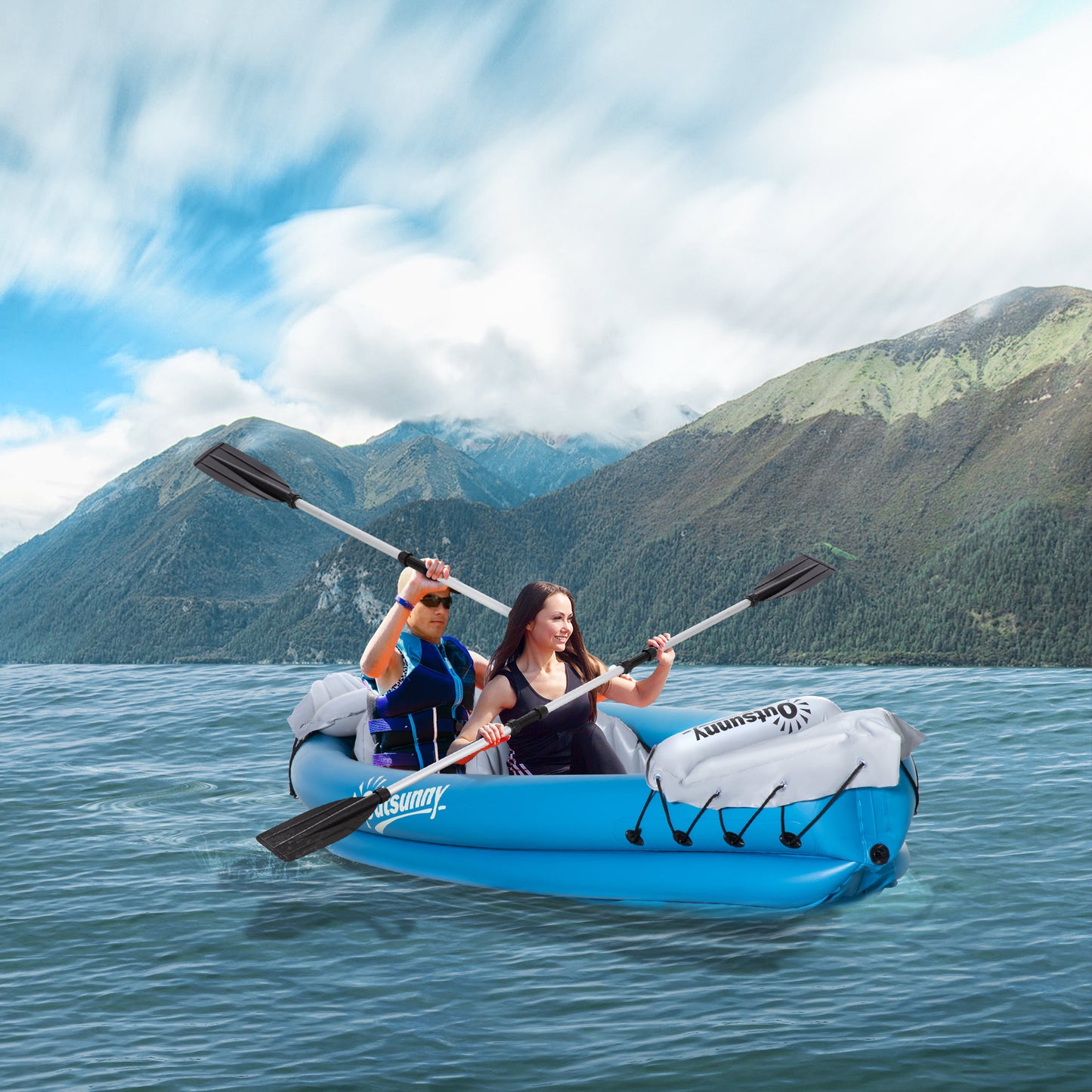 Outsunny Inflatable Kayak, 2-Person Inflatable Boat, Inflatable Canoe Set With Air Pump, Aluminum Oars, Blue | Aosom Canada
