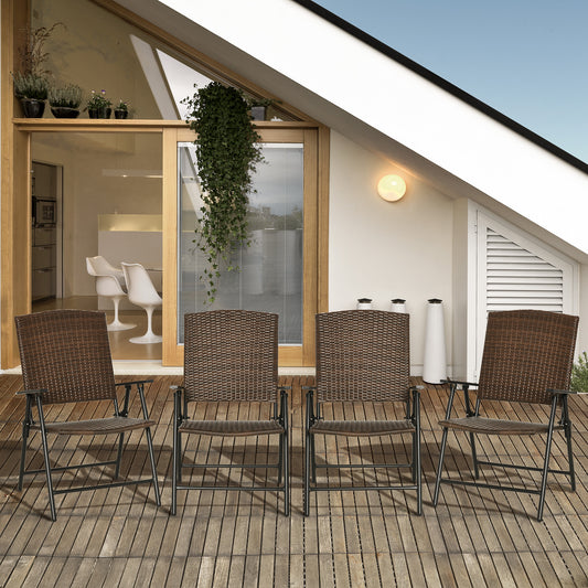 Outsunny Folding Patio Chair Set of 4, Rattan Folding Chairs with Armrest, Steel Frame for Outdoors, Camping, Brown | Aosom Canada