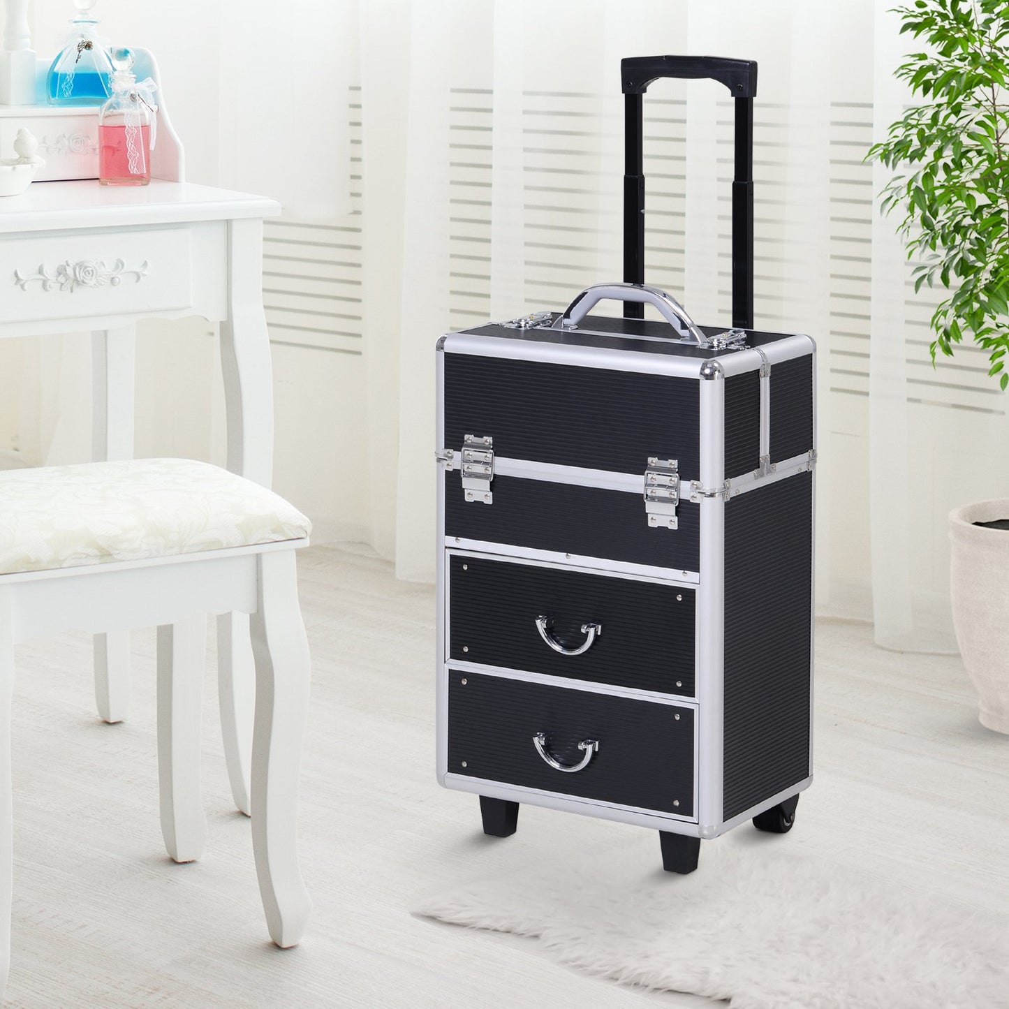HOMCOM Soozier Professional Rolling Makeup Case Salon Beauty Cosmetic Jewelry Organizer Trolley 2 Wheels Black | Aosom Canada