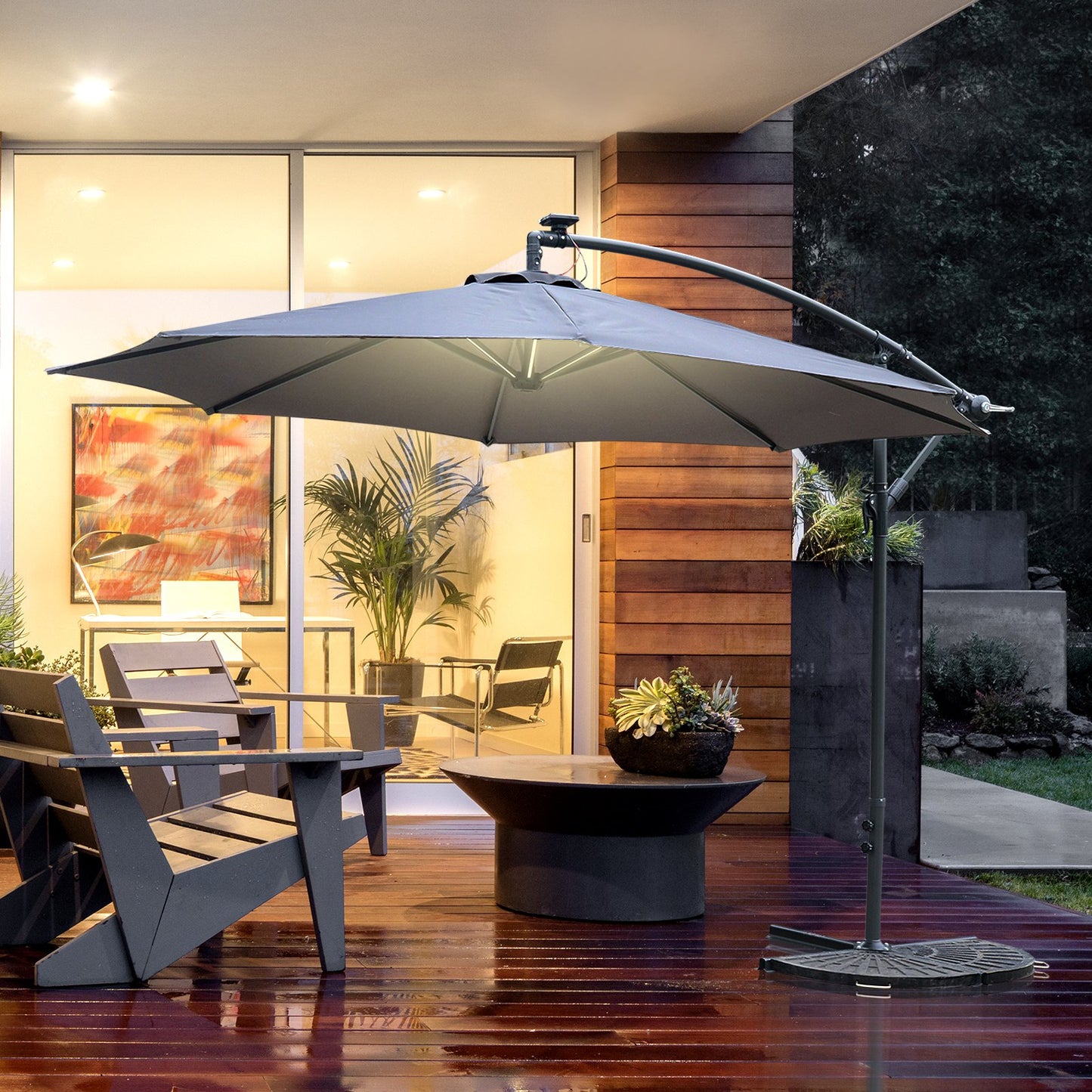 Outsunny 10ft Cantilever Solar Hanging Offset Umbrella Outdoor LED Lights Market Parasol Crank w/ Cross Base Garden Sun Shelter Grey | Aosom Canada