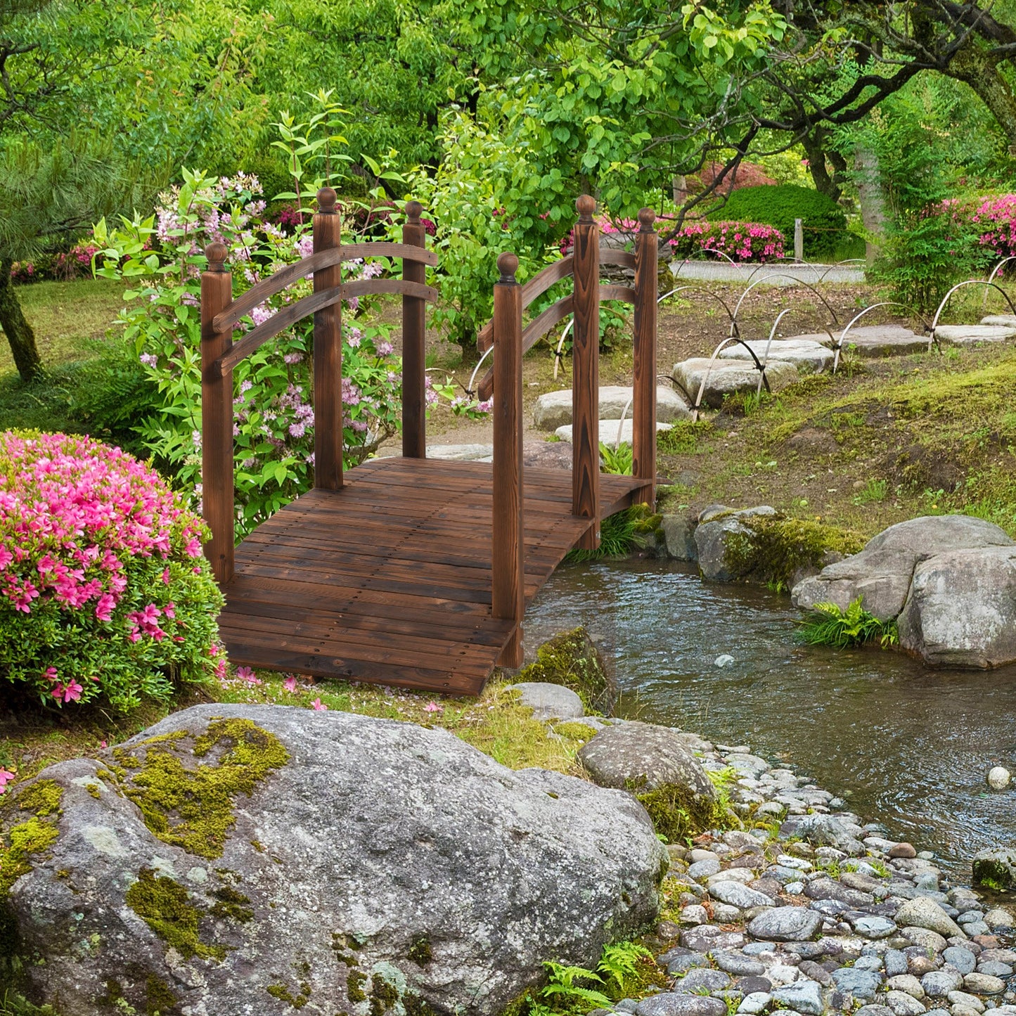 Outsunny 7.5' Fir Wood Garden Bridge Arc Walkway with Side Railings, Perfect for Backyards, Gardens, & Streams, Stained | Aosom Canada