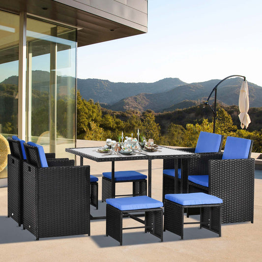 Outsunny 9 Piece Patio Wicker Dining Set Rattan Garden Sectional Sofa Outdoor Space-Saving Armchair & Ottoman Furniture Sets, Blue | Aosom Canada