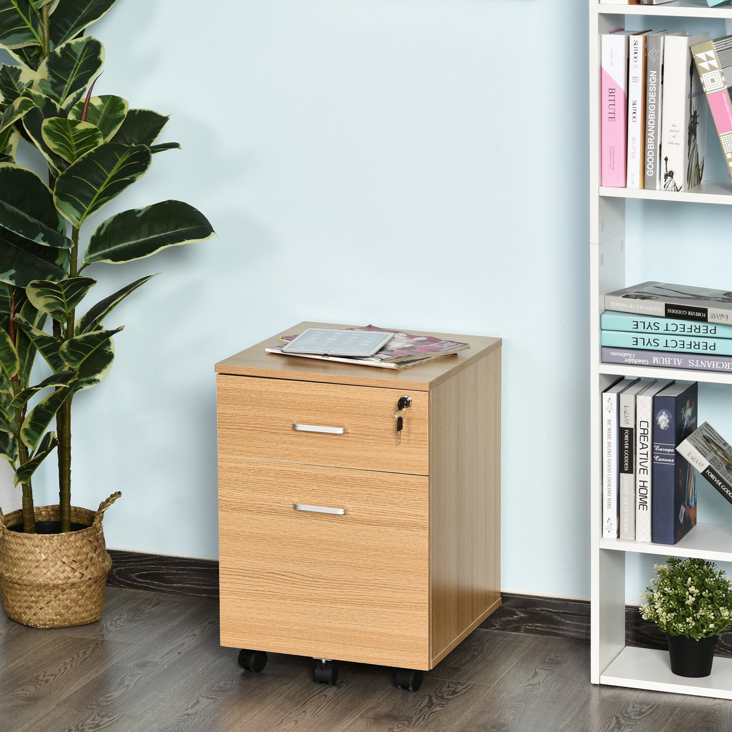 Vinsetto 2 Drawer Filing Cabinet for Home Office Mobile  Modern File Storage Organizer with 5 Castors Natural | Aosom Canada
