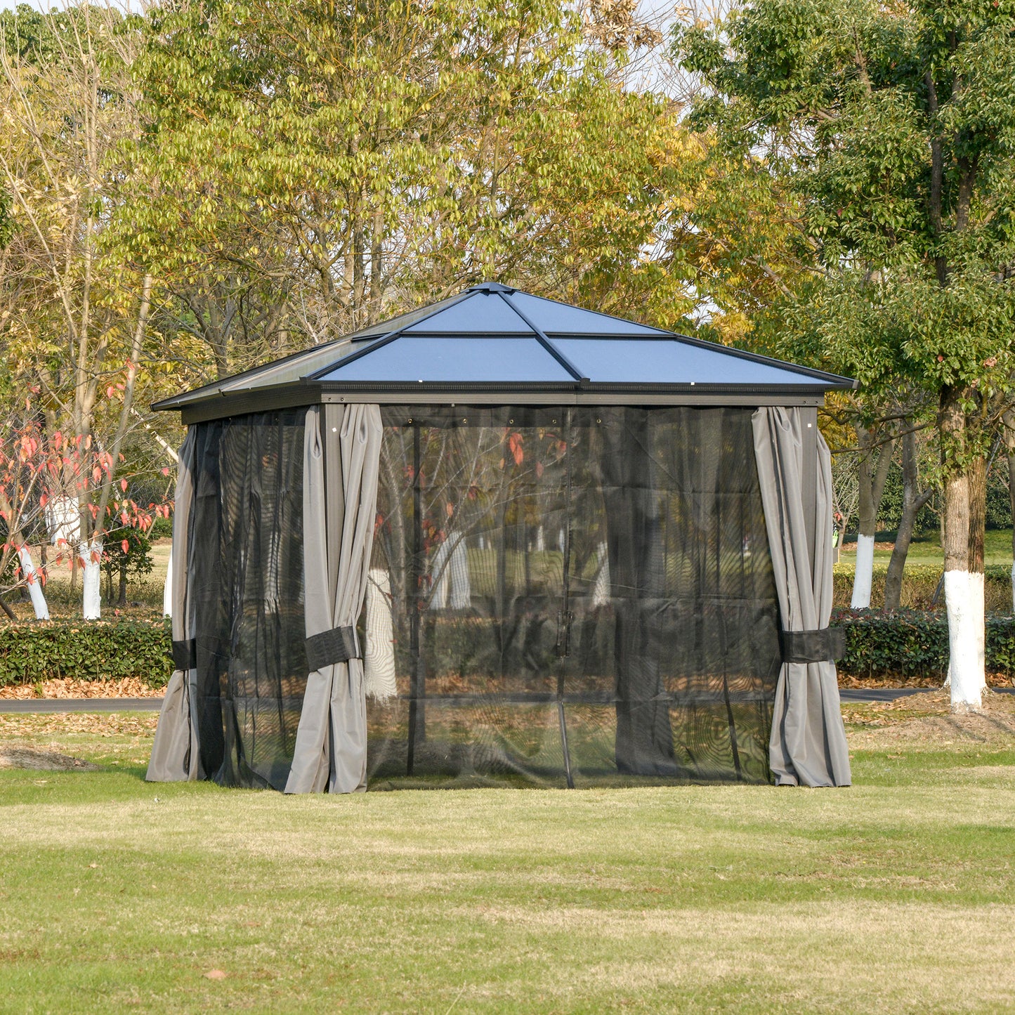 Outsunny 10x10ft Hardtop Gazebo with Aluminum Frame, Polycarbonate Gazebo Canopy with Curtains and Netting for Garden, Patio, Backyard | Aosom Canada