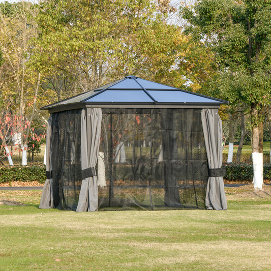 Outsunny 10x10ft Hardtop Gazebo with Aluminum Frame, Polycarbonate Gazebo Canopy with Curtains and Netting for Garden, Patio, Backyard | Aosom Canada
