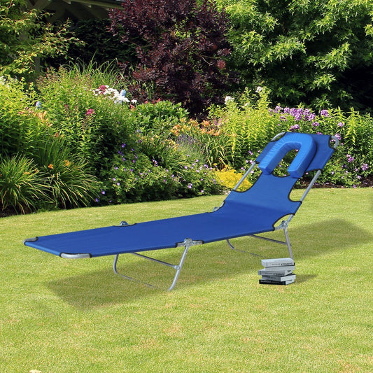 Outsunny Folding Adjustable Chaise Lounge w/ Face Cavity Outdoor Beach Camping Sun Lounger Bed Recliner (Blue) | Aosom Canada