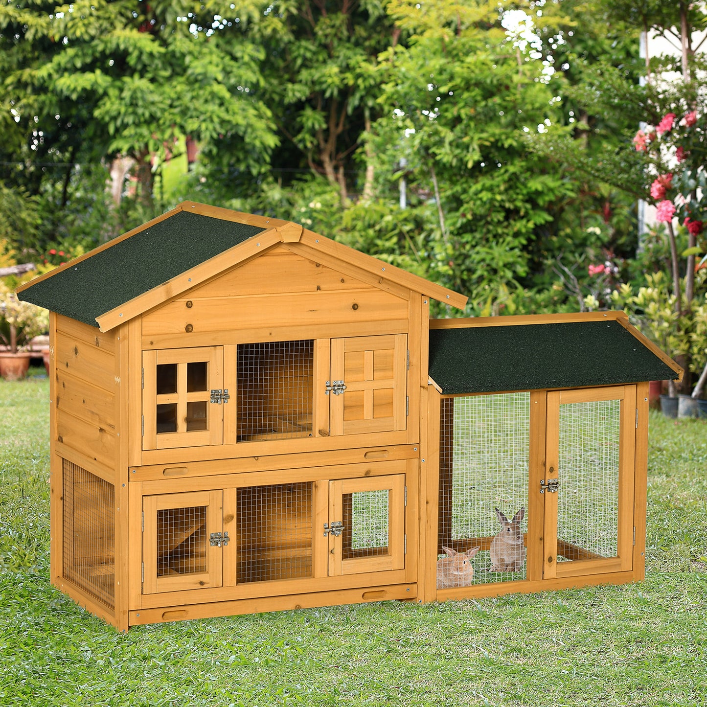 PawHut 59" Wooden Rabbit Hutch 2 Tier Bunny House Pet Playpen Enclosure for Indoor Outdoor with Slide-out Tray, Orange | Aosom Canada