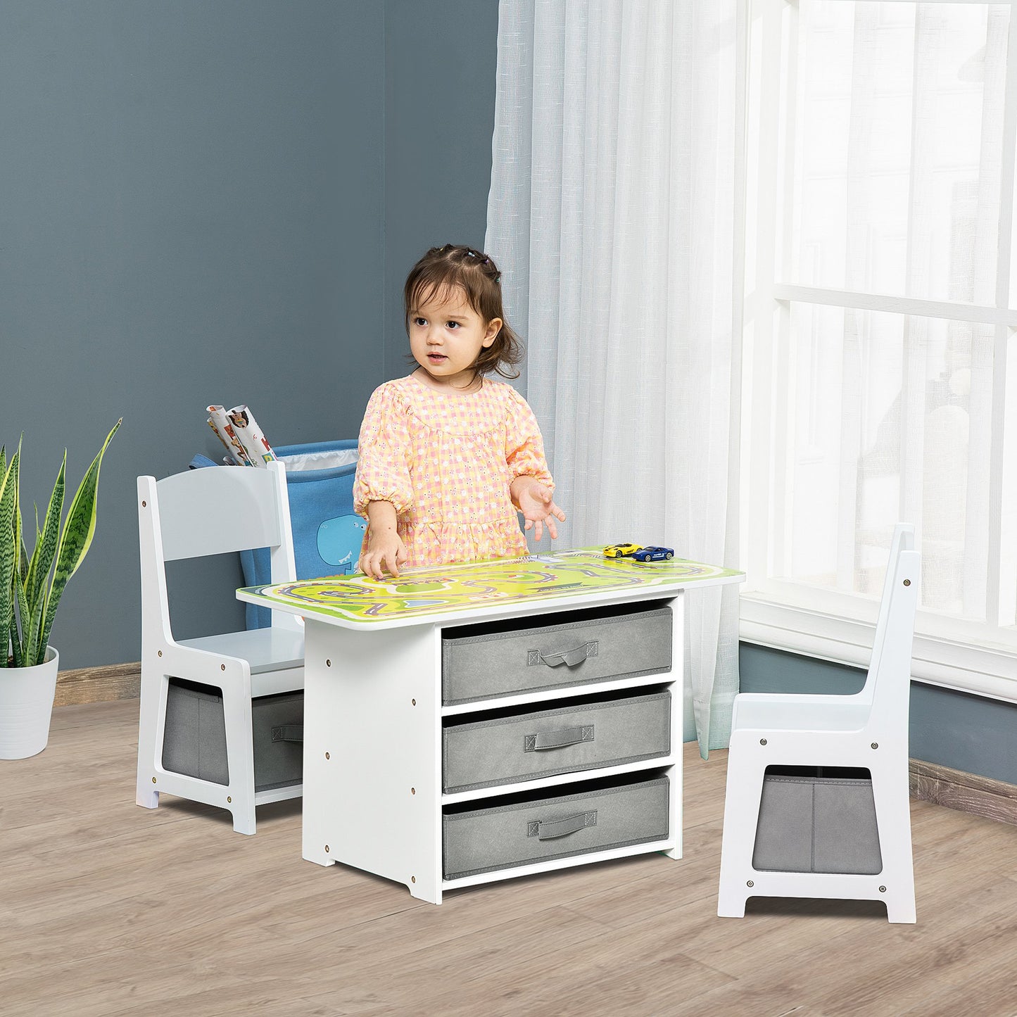 Qaba 3-Piece Kids Table and Chair Set Writing Desk Brick Table w/ 2 In 1 Desktop Road Map Storage Drawers for Toddler Activities, Grey | Aosom Canada