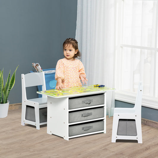 Qaba 3-Piece Kids Table and Chair Set Writing Desk Brick Table w/ 2 In 1 Desktop Road Map Storage Drawers for Toddler Activities, Grey | Aosom Canada