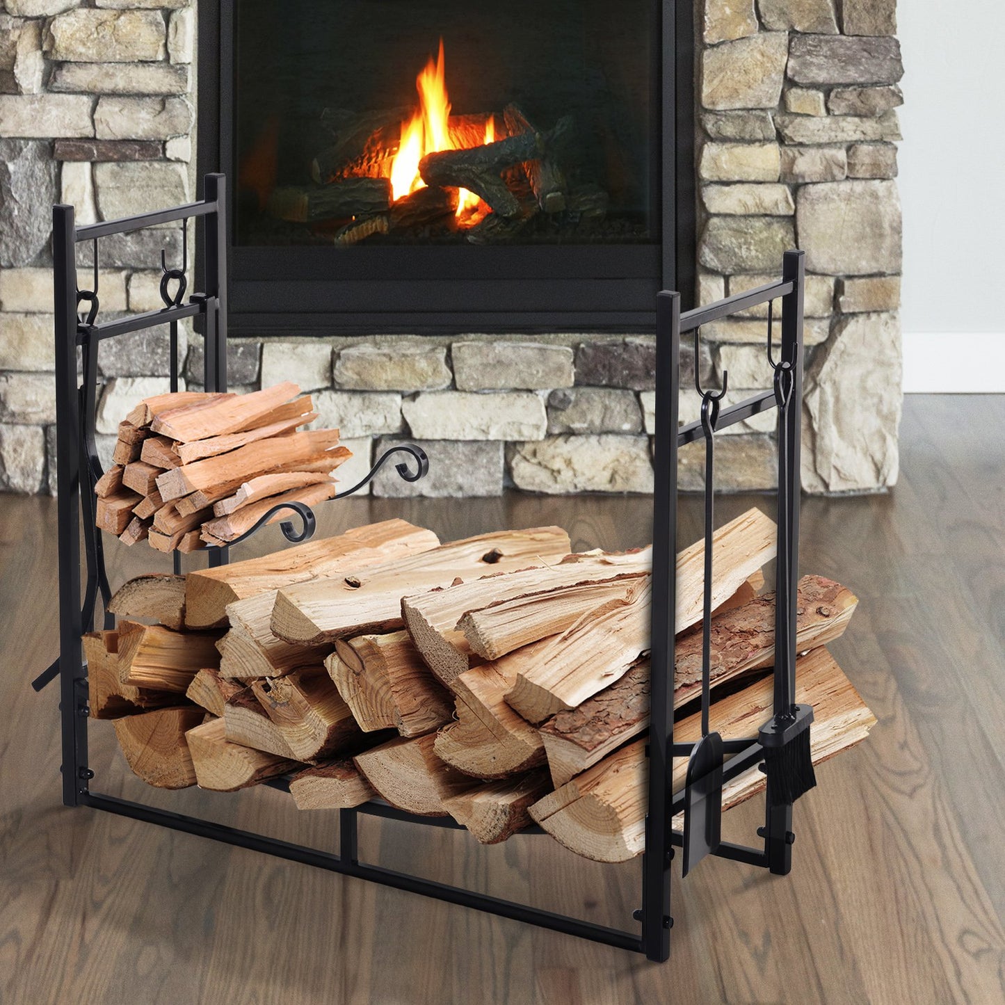 Outsunny Wood Storage Rack Log Holder w/ Kindling Holder and 4 Tools Indoor Outdoor Metal Black | Aosom Canada