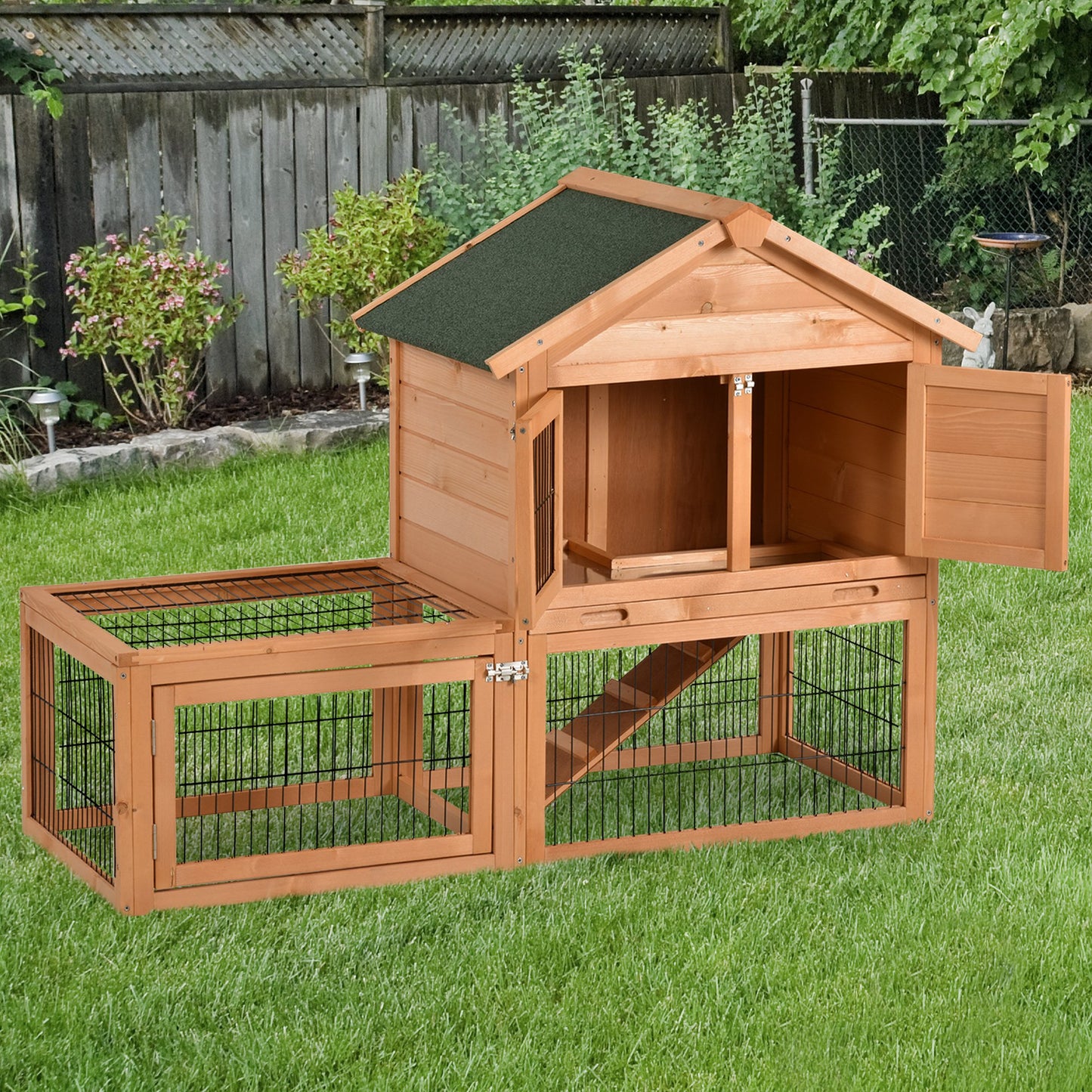 PawHut Wood Rabbit Hutch Bunny Small Animal House w/ Outdoor Run Portable Backyard Wooden w/ Outdoor Run | Aosom Canada