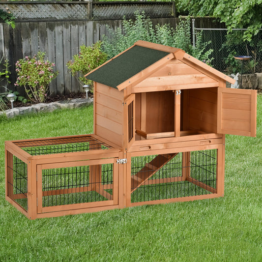 PawHut Wood Rabbit Hutch Bunny Small Animal House w/ Outdoor Run Portable Backyard Wooden w/ Outdoor Run | Aosom Canada