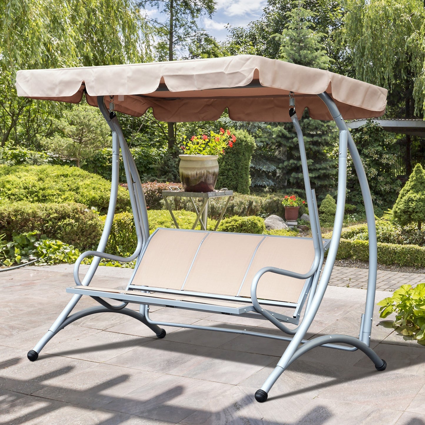 Outsunny 3 Seat Metal Swing Chair Hammock w/ Canopy Cover Heavy Duty Patio Garden Outdoor Beige | Aosom Canada