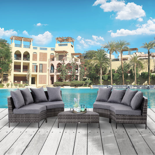 Outsunny 5PC Outdoor Patio Furniture Set Garden Rattan Wicker Sofa Cushioned Half-Moon Seat Deck w/ Pillow Grey | Aosom Canada