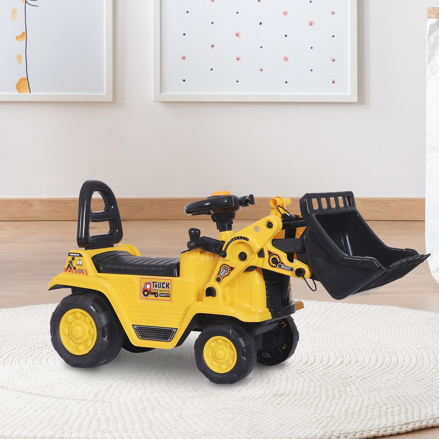 HOMCOM Ride-On Toy Bulldozer with Bucket Horn Steering Wheel Storage Toddlers for 3 years old, Yellow | Aosom Canada