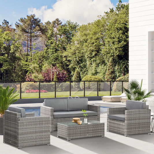 Outsunny 4 Pieces Patio Wicker Sofa Set, Outdoor PE Rattan Extra Wide Seat Conversation Furniture w/ Tempered Glass Top, Mixed Grey | Aosom Canada
