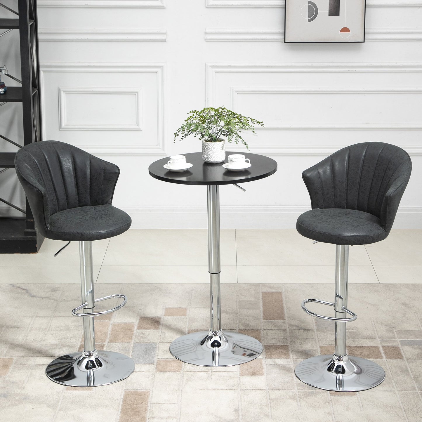 HOMCOM Bar Stool Set of 2 Adjustable Height PU Leather Upholstered Swivel Counter Chairs with Backrest, Footrest, Black | Aosom Canada