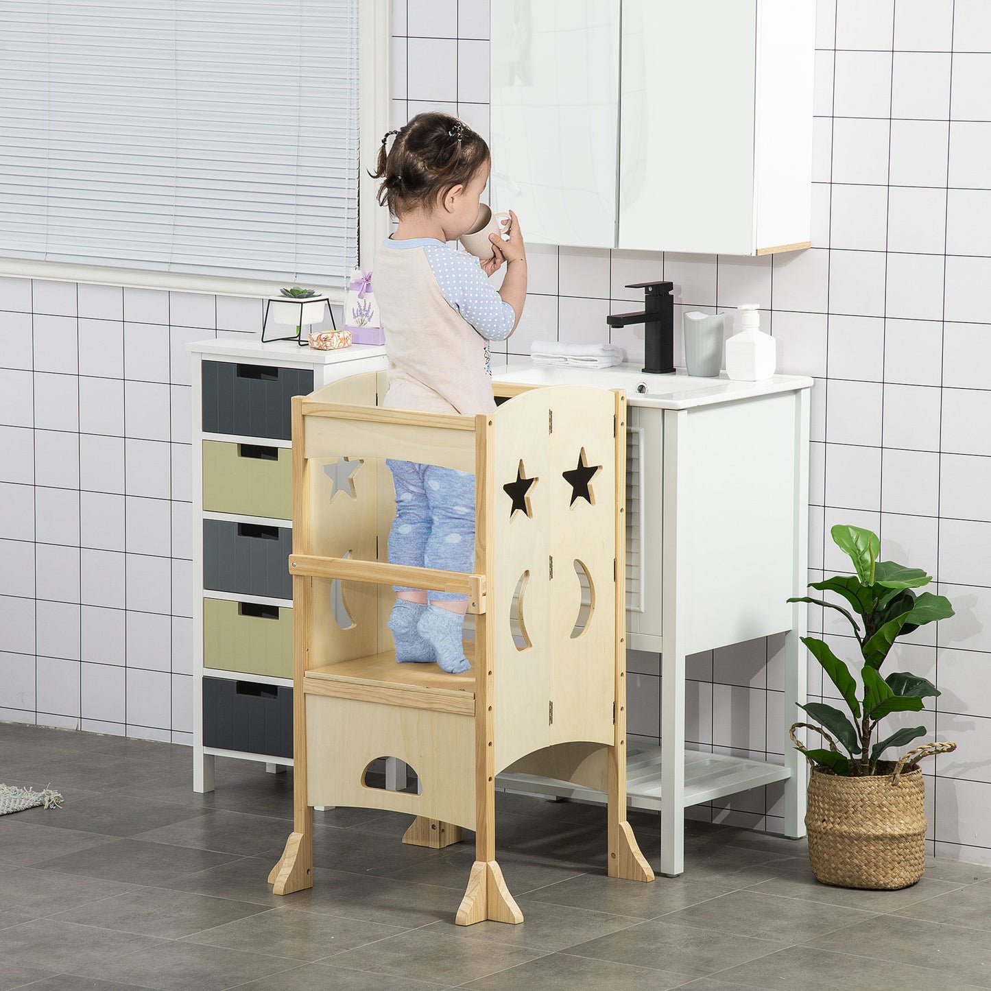 Qaba Kids Kitchen Helper Foldable Step Stool Toddler Kitchen Stool with Blackboard Lockable Handrail for 3-6 Years old Natural | Aosom Canada