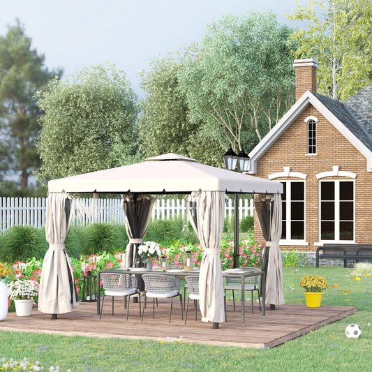 Outsunny 10' x 10' Outdoor Patio Gazebo Double Soft-top Garden Shelter Tent with Polyester Curtains, & Mesh Screen Drapes, Cream | Aosom Canada