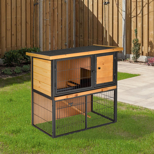 PawHut Wood-metal Rabbit Hutch Elevated Pet House Bunny Cage Small Animal Habitat with Slide-out Tray Asphalt Water-resistant Light | Aosom Canada